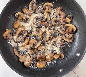 red robin inspired mushroom swiss burger recipe, Parmesan cheese on cooked mushrooms