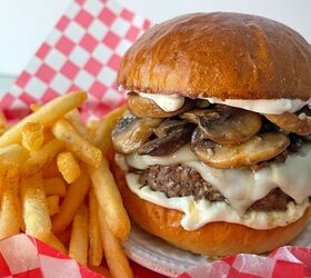 red robin inspired mushroom swiss burger recipe, Mushroom Swiss Burger in red checked paper lined basket with fries