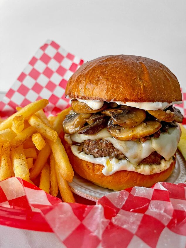 red robin inspired mushroom swiss burger recipe, Mushroom burger and fries ready to eat