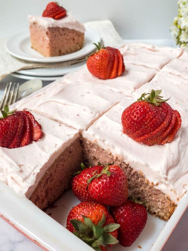 chicken and sweet corn soup, A strawberry cake sliced in a cake pan