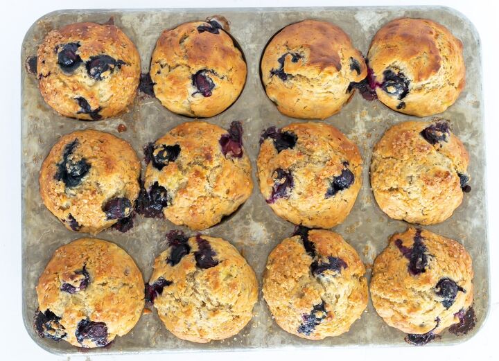 blueberry banana muffins, Overhead shot of muffins in muffin tin