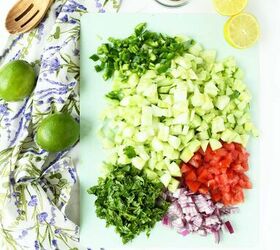 garden fresh cucumber salsa, Chopped cucumber salsa ingredients on a blue cutting board