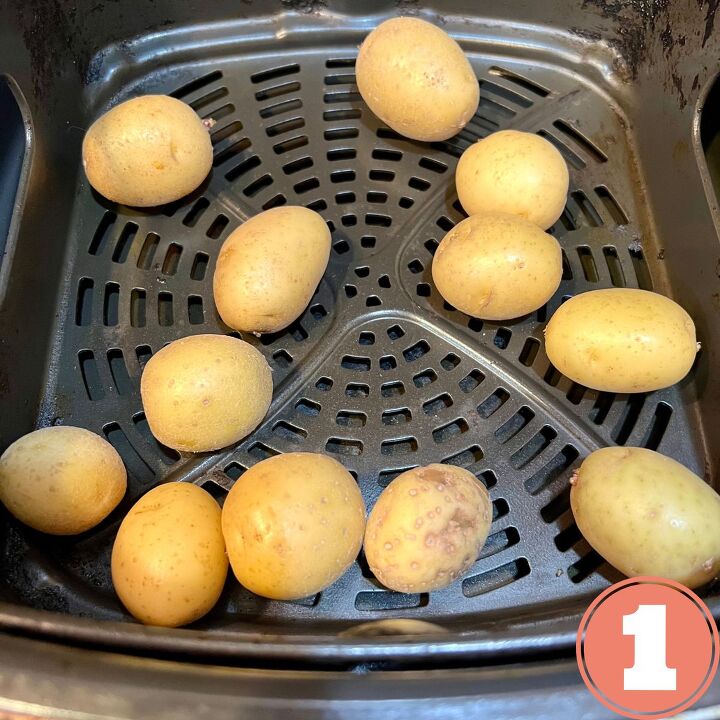 the crispiest air fryer smashed potatoes, Mini golden potatoes in an aibfryer basket