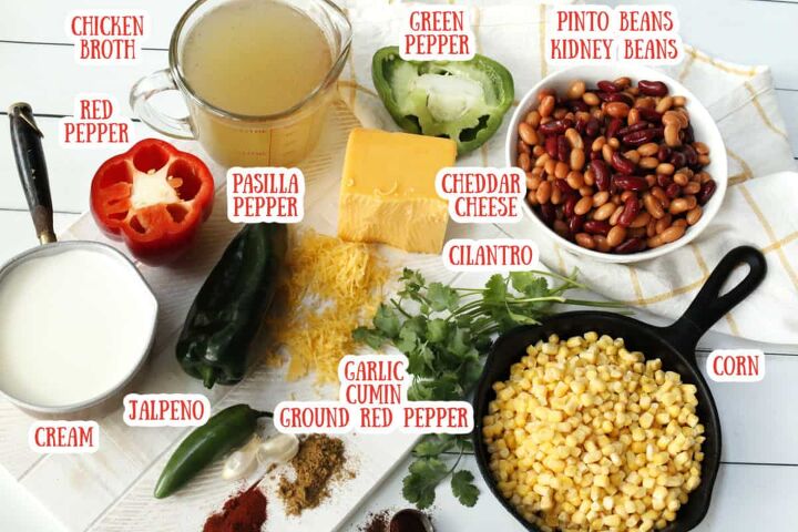 creamy mexican bean soup with corn, Ingredients to make a corn and bean soup with cheddar cheese peppers and spices