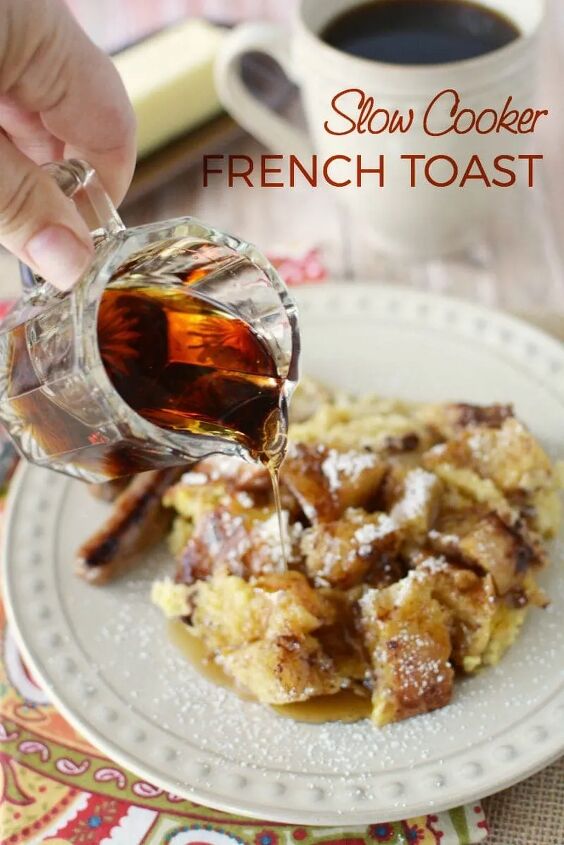 delicious slow cooker french toast recipe, Pouring syrup on a plate of french toast