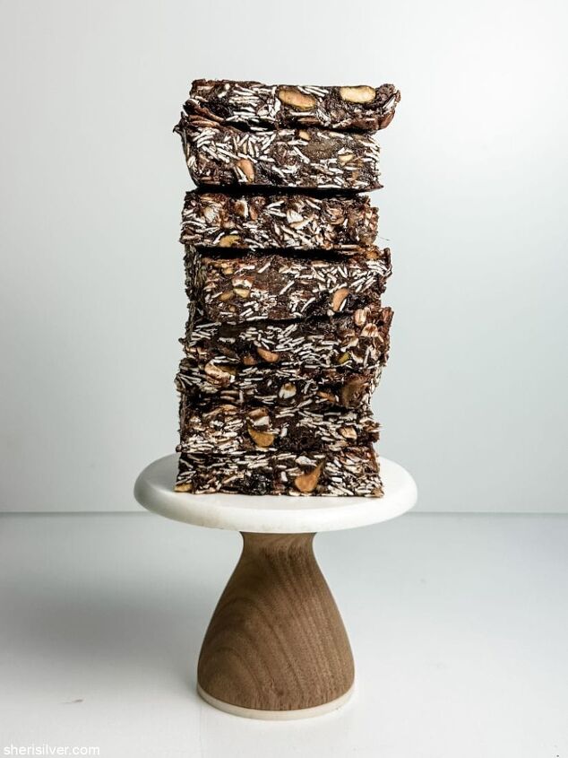 no bake chocolate granola bars vegan gluten free, chocolate granola bars on a mini cake stand