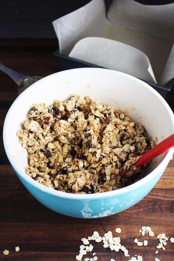 chewy granola bars, Ingredients for chewy granola bars combined in mixing bowl