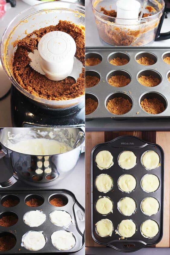 Collage of process shots for making mini cheesecakes with biscoff crust and mango coulis