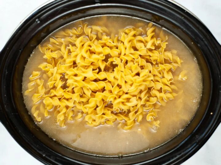 slow cooker turkey noodle soup, add noodles to turkey soup in crock pot