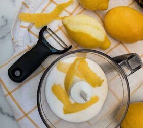 how to make lemon sugar to flavor desserts and drinks, Add the sugar and peel to the food processor bowl