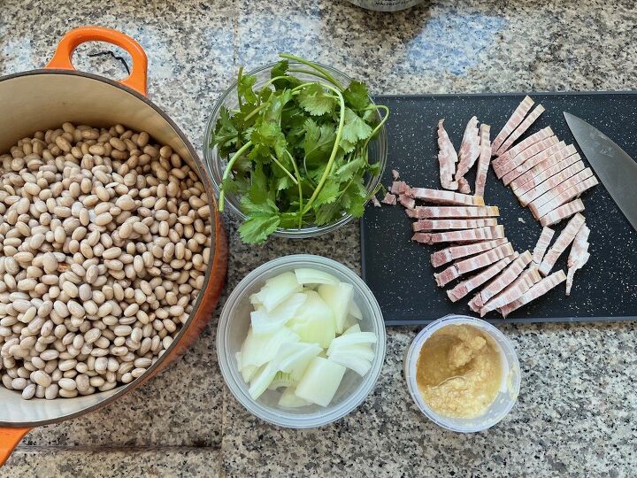 carioca beans dutch oven pinto beans, Ingredients chopped diced and measured out into bowls for Carioca Beans recipe