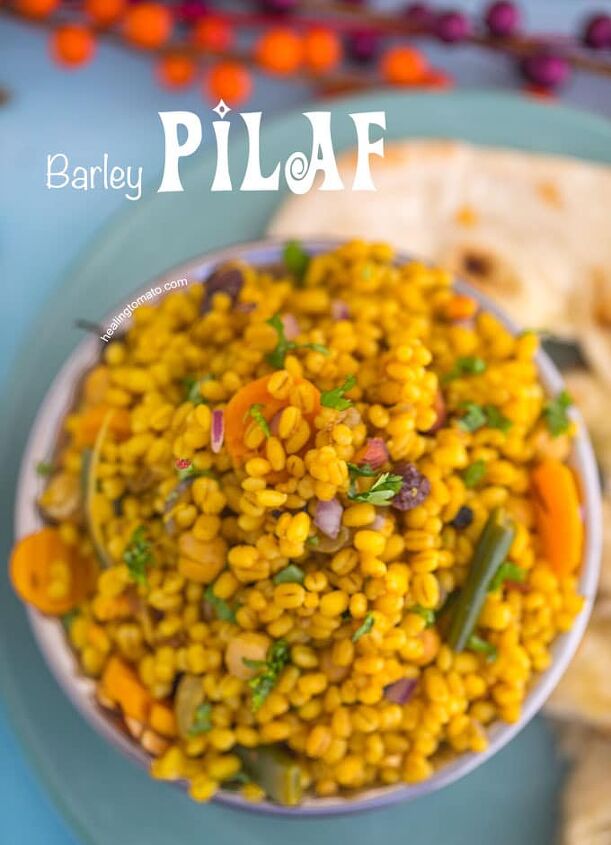 pilaf recipe made with barley, Overhead View of a Copper Bowl Filled to the Top with Barley Pilaf Recipe with Naan on the side