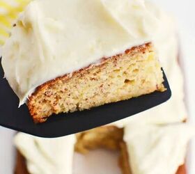 easy banana cake with maple cream cheese frosting, Slice of Banana Cake on black spatula