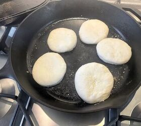 easy sourdough english muffins, sourdough English muffins in cast iron skillet