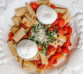 Pasta With Burst Cherry Tomatoes Topped With Burrata Cheese