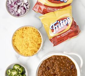 no plate needed when you make walking frito pie, overhead view of ingredients needed to make walking frito pie