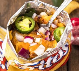 no plate needed when you make walking frito pie, up close look inside frito pie bag