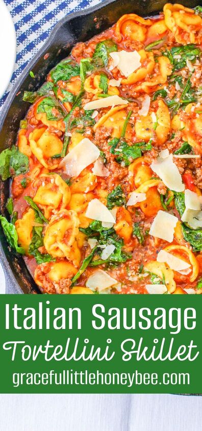 italian sausage tortellini skillet, Close up of Sausage Tortellini Skillet in a large cast iron pan