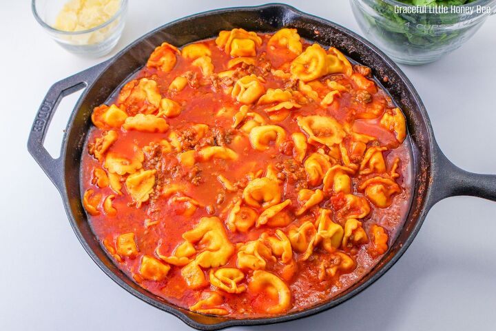 italian sausage tortellini skillet, Sausage tomato sauce and tortellini in skillet