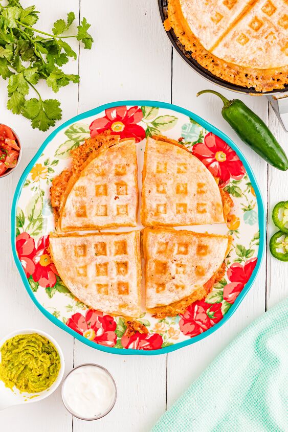 easy quesadilla in waffle maker, A cooked quesadilla in a waffle maker on a plate