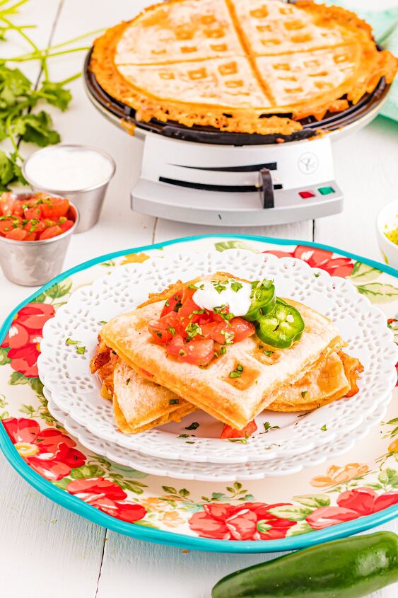 easy quesadilla in waffle maker, Waffled quesadilla on a plate with toppings