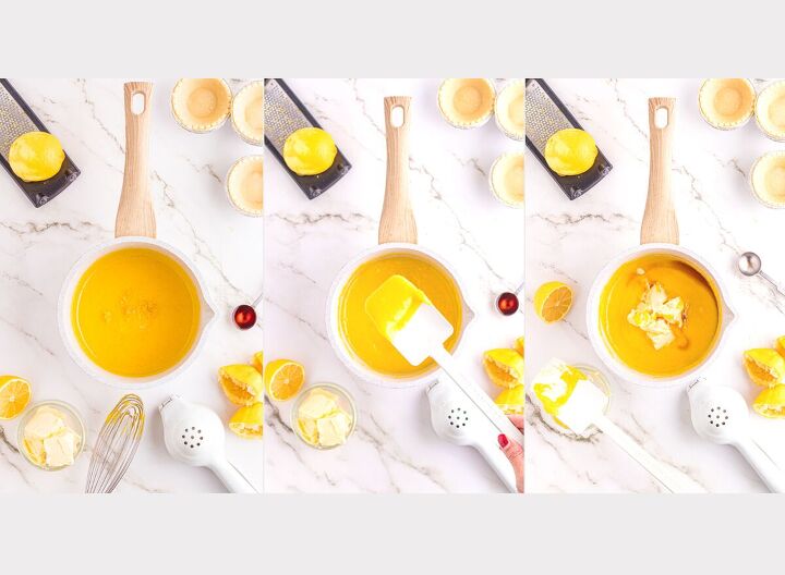 easy mini lemon tarts, Cooking lemon curd and adding butter