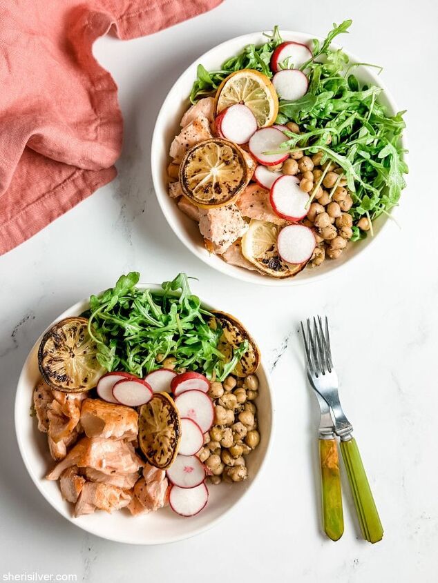 easiest ever salmon with chickpeas and arugula, salmon with chickpeas and arugula in white bowls with vintage forks and a pink linen napkin