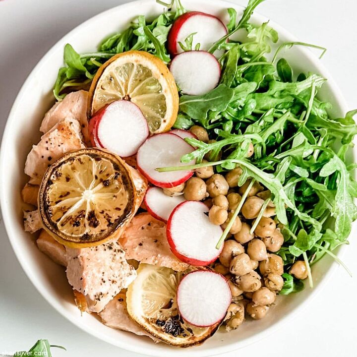 easiest ever salmon with chickpeas and arugula, salmon with chickpeas and arugula in a white bowl