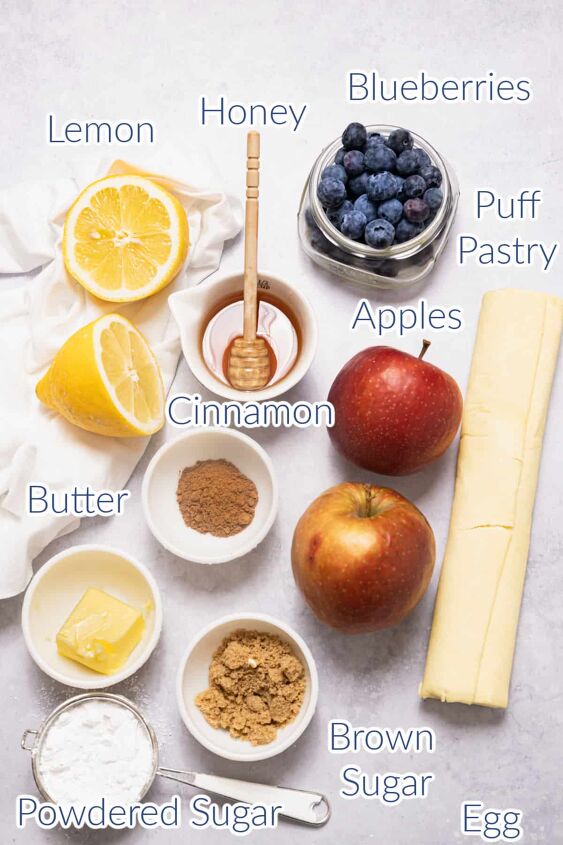 puff pastry fruit tarts, Labeled ingredients for fruit tarts with blueberries and apples