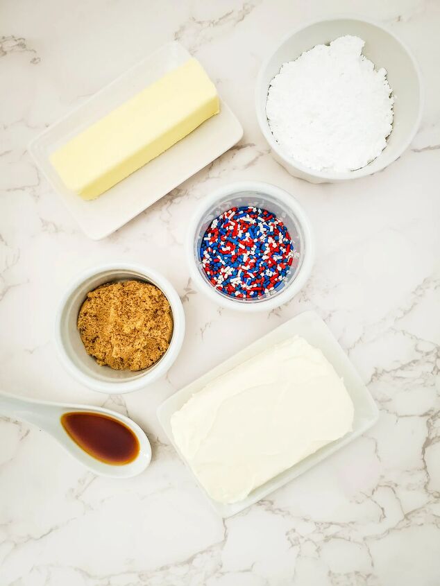 red white and blue cheesecake dip recipe, Butter cream cheese sprinkles vanilla and other ingredients in bowls