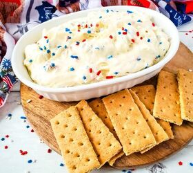 red white and blue cheesecake dip recipe, Cream cheese dessert dip with patriotic sprinkles and graham crackers for dipping