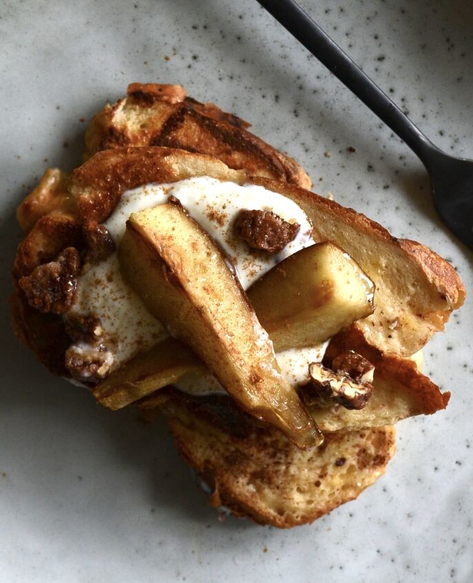 sourdough french toast with caramelized pears pecans and yogurt