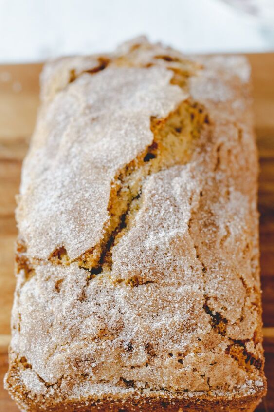 the best snickerdoodle zucchini bread recipe, Close up of an unsliced loaf of snickerdoodle bread