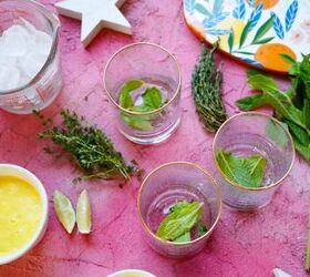 gin and pineapple juice, muddle mint and thyme leaves for gin cocktail with pineapple