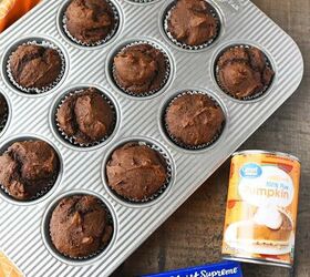 2 ingredient chocolate pumpkin muffins, Chocolate Pumpkin Cupcakes near ingredients on wooden table