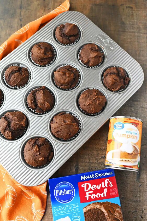 2 ingredient chocolate pumpkin muffins, Chocolate Pumpkin Cupcakes near ingredients on wooden table