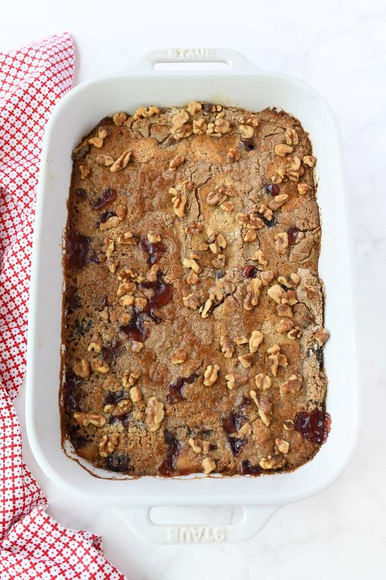 fall cranberry apple dump cake, Cranberry Apple Walnut Dump cake in a white pan