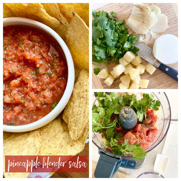 pineapple blender salsa, A collage of pineapple salsa in a white bowl all ingredients in a food processor and on a wooden cutting board