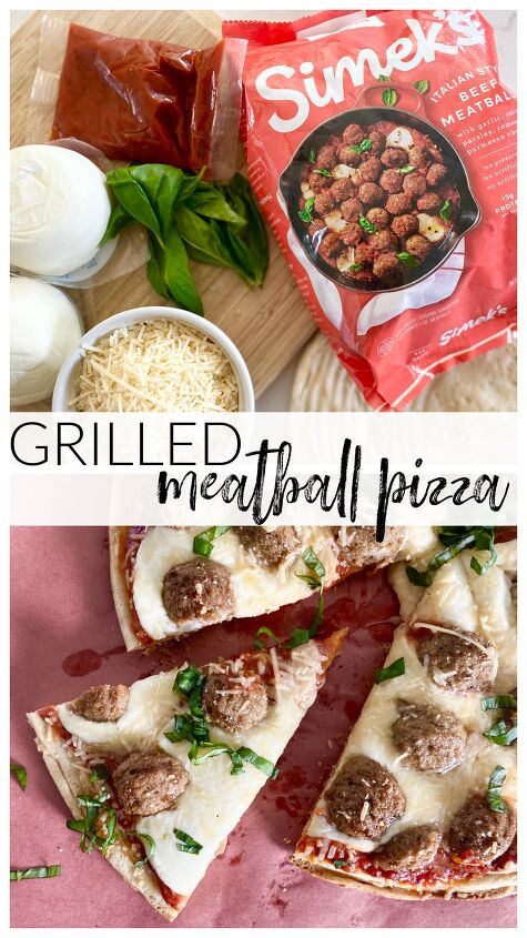 grilled meatball pizza, Collage of meatball pizza ingredients cheese crust Simek s meatballs sauce basil Parm plus the finished pizza