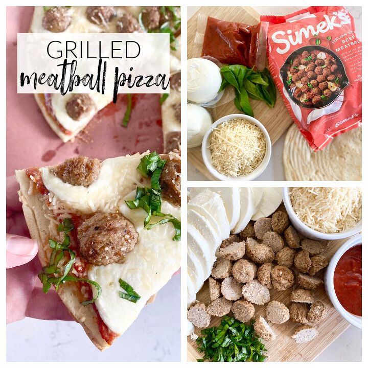 grilled meatball pizza, Collage of grilled meatball pizza ingredients and finished pizza