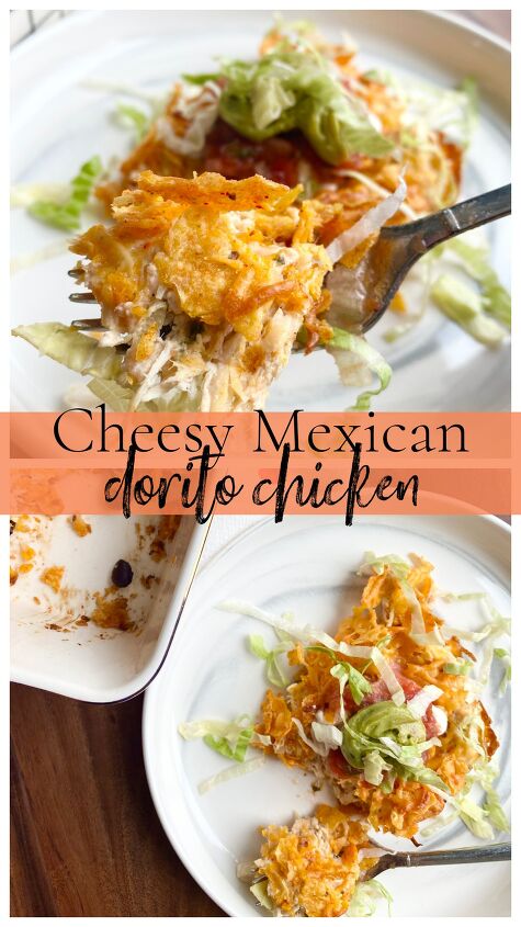 cheesy mexican dorito chicken, Photo collage of cheesy Mexican Dorito Chicken in a white baking dish and on a white dinner plate