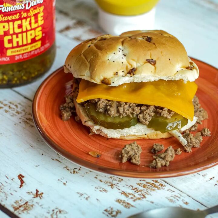 dutch oven crumbly burger maid rite style loose meat sandwich, Dutch Oven Maid Rite Sandwich topped with cheese on an onion bun
