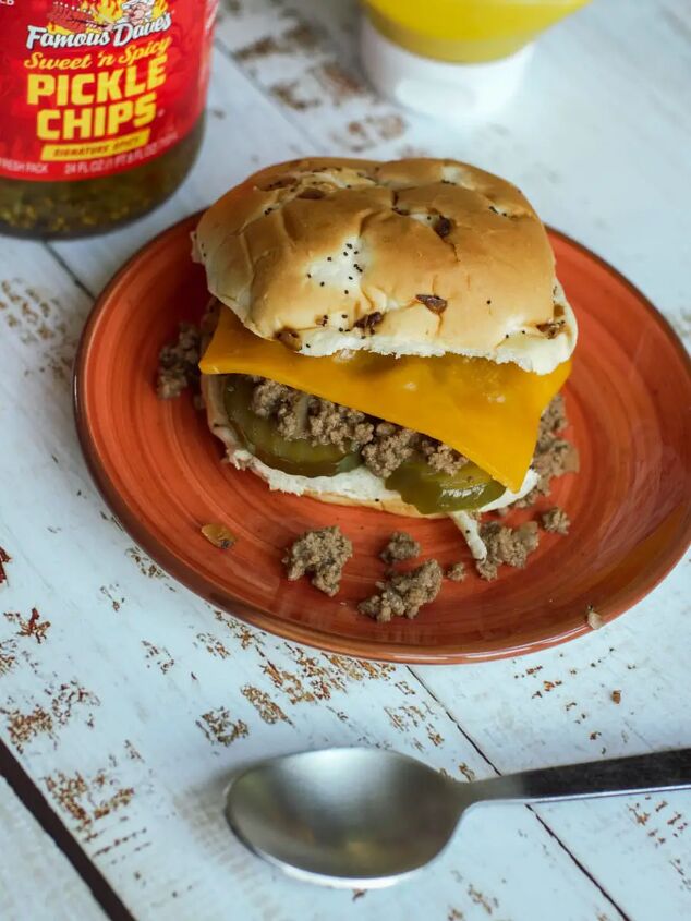 dutch oven crumbly burger maid rite style loose meat sandwich, Nu Way style loose meat sandwich topped with cheese and pickles on an onion bun