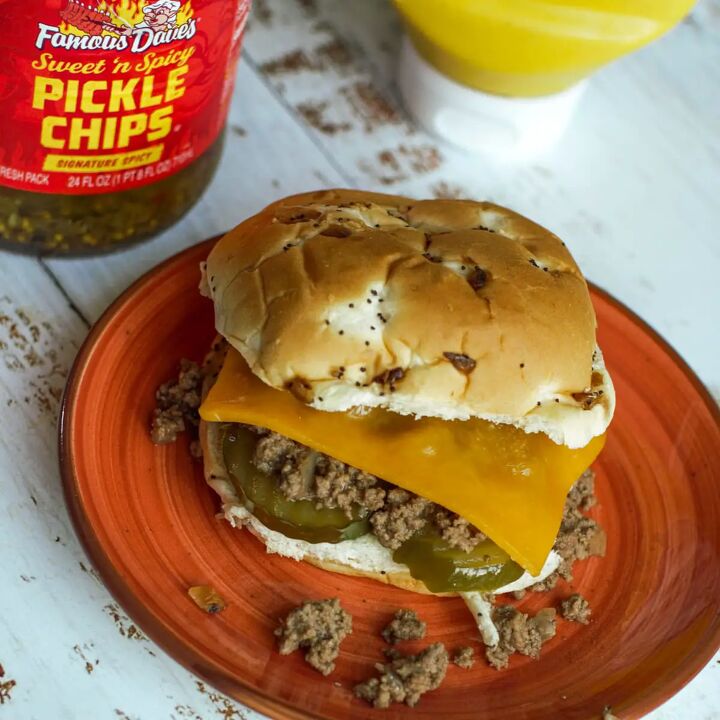 dutch oven crumbly burger maid rite style loose meat sandwich, Loose meat sandwich topped with cheese and pickles on an onion bun