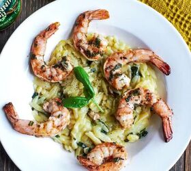 greek grilled shrimp with basil orange orzo, Grilled shrimp served with Mediterranean style orzo