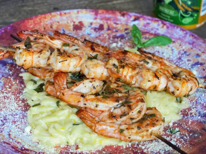 greek grilled shrimp with basil orange orzo, Grilled Mediterranean shrimp skewers with orzo pasta