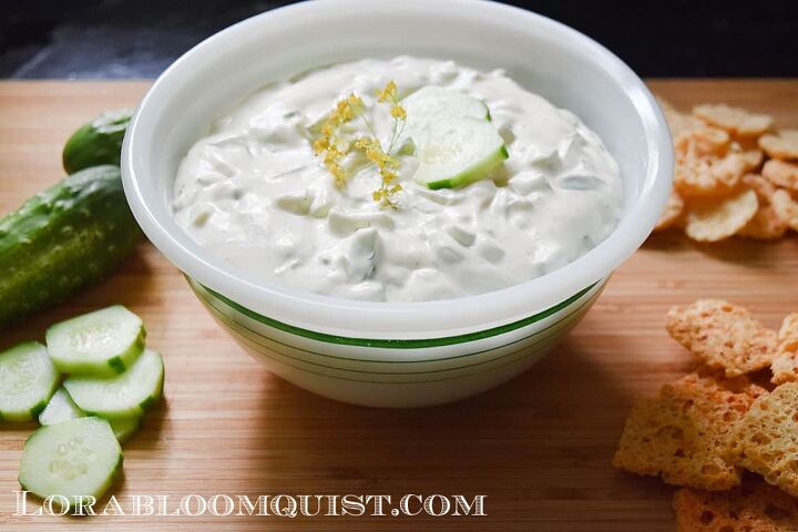 Dill Cucumber dip on vintage bowl served with cracker crisps