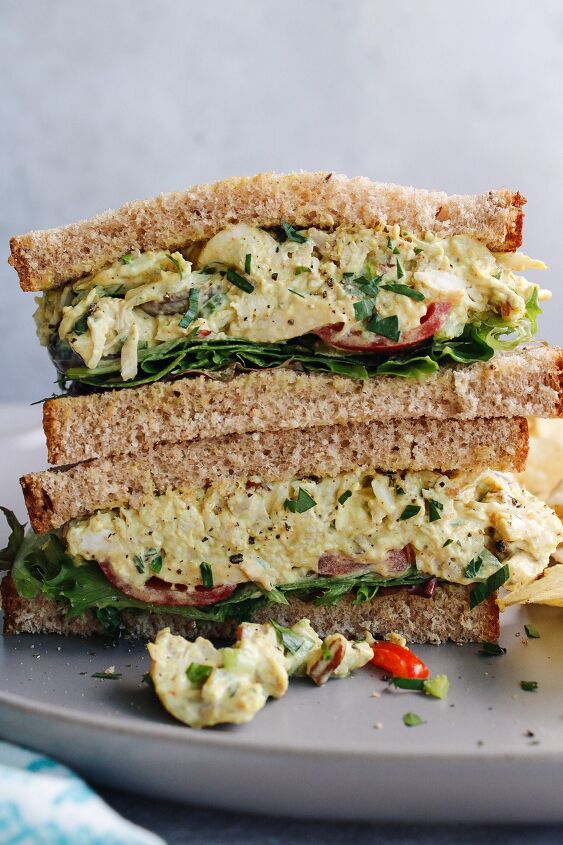 curry chicken salad with grapes, curry chicken salad with grapes on wheat bread with lettuce and tomato