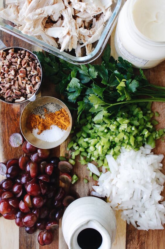 curry chicken salad with grapes, ingredients for curry chicken salad with grapes on a cutting board