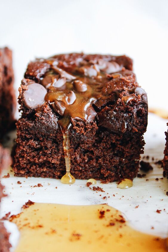 honey brownies, close up of honey brownies with honey dripping down the front